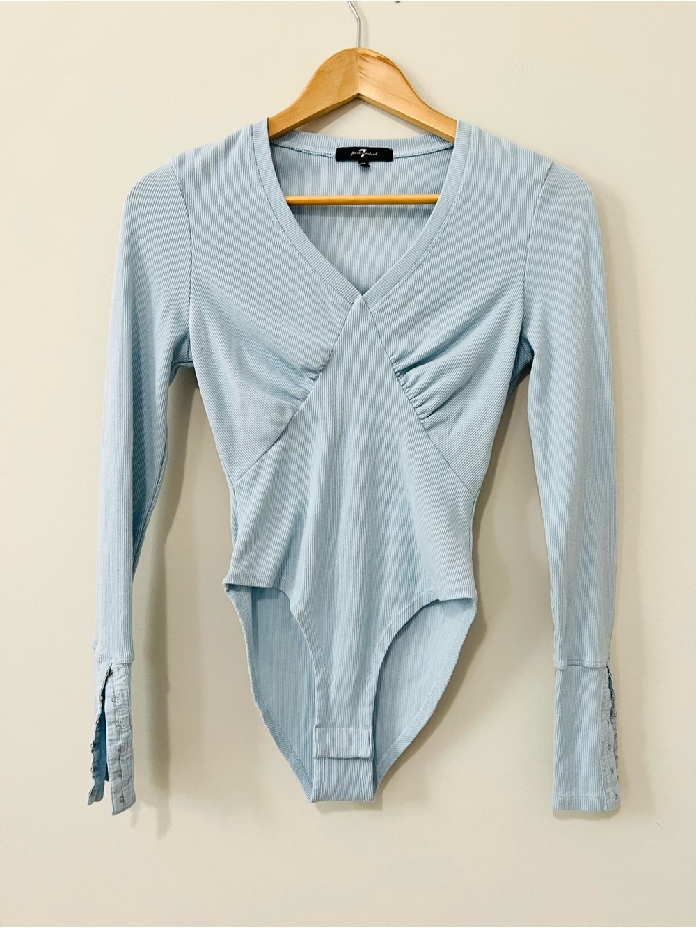 7 For All Mankind Light Blue V-Neck Long Sleeve Ribbed Knit Bodysuit Size XS